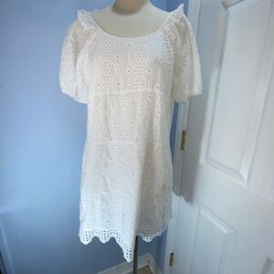 VOY White Cotton Eyelet Short Sleeve Shift Dress Tie Back Scallop Hem Size L